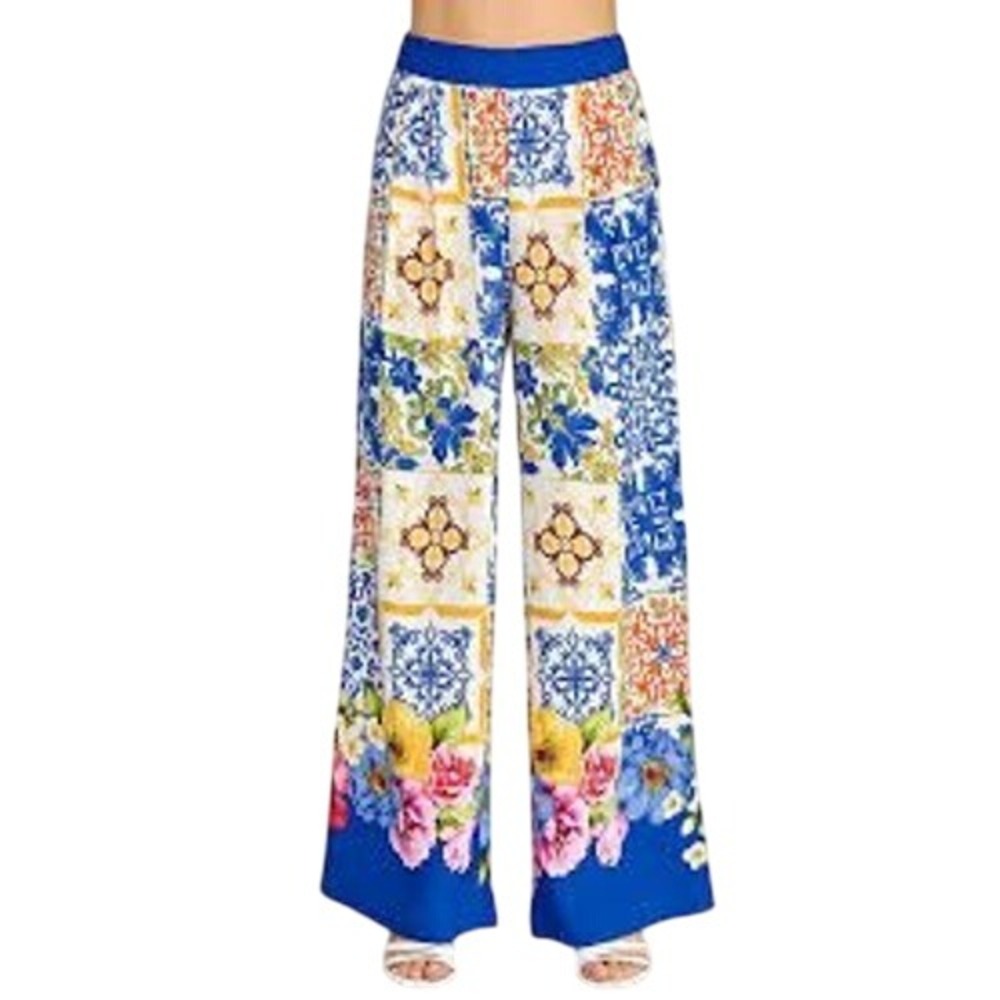LULUMARI Tile Floral Print Palazzo Pants Women's Size XL Blue White